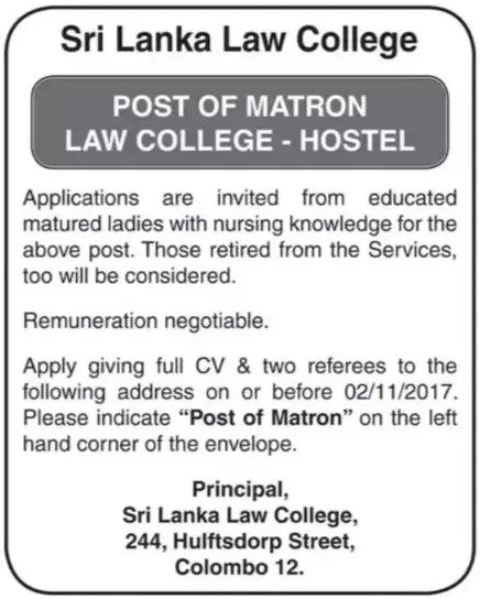Matron Vacancy at Sri Lanka Law College