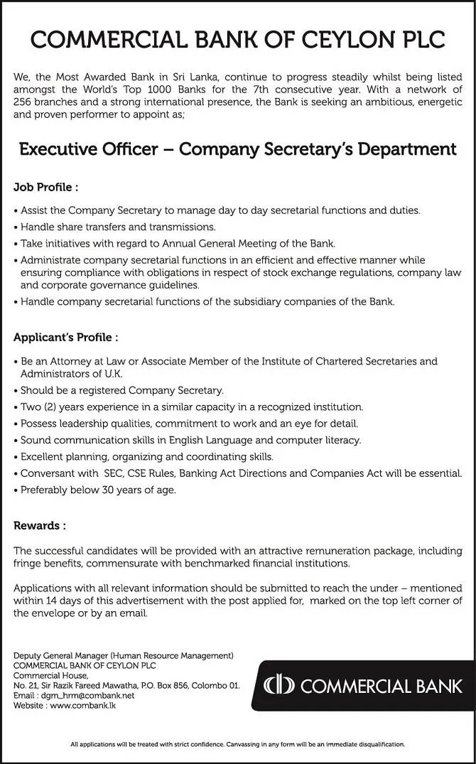 Executive Officer Vacancy of Commercial Bank PLC