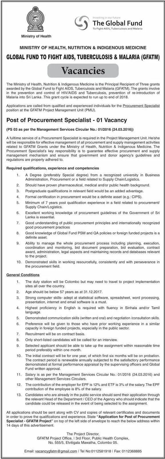 Procurement Specialist Vacancy in Ministry of Health Nutrition