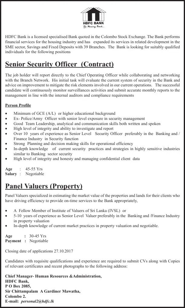 Senior Security Officer Vacancy in HDFC Bank