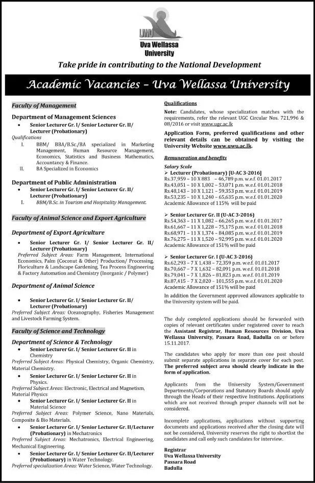 Uva Wellassa University Academic Vacancies
