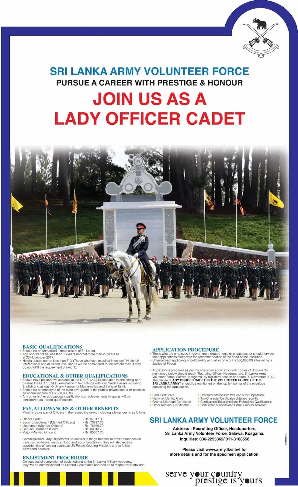 Sri Lanka Army Volunteer Force Vacancies for Lady Officer Cadet