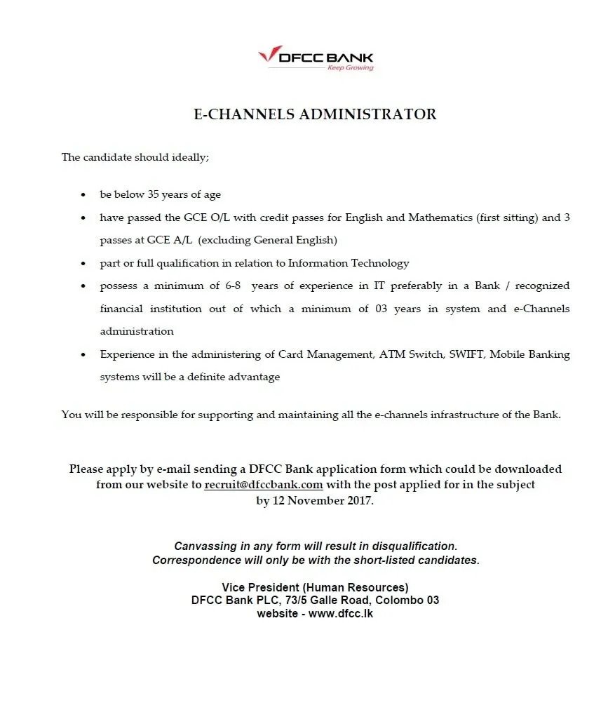 E-CHANNELS ADMINISTRATOR Vacancy of DFCC Bank