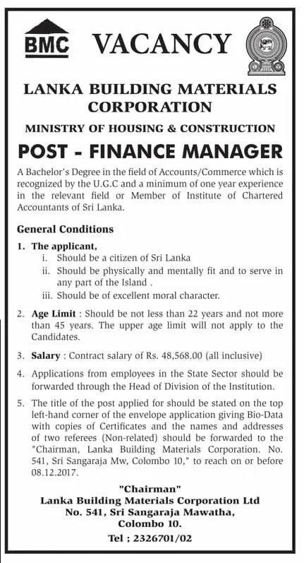 Finance Manager Vacancy in Lanka Building Materials Corporation