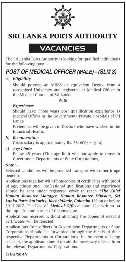Medical Officer (Male) Vacancy in Sri Lanka Ports Authority