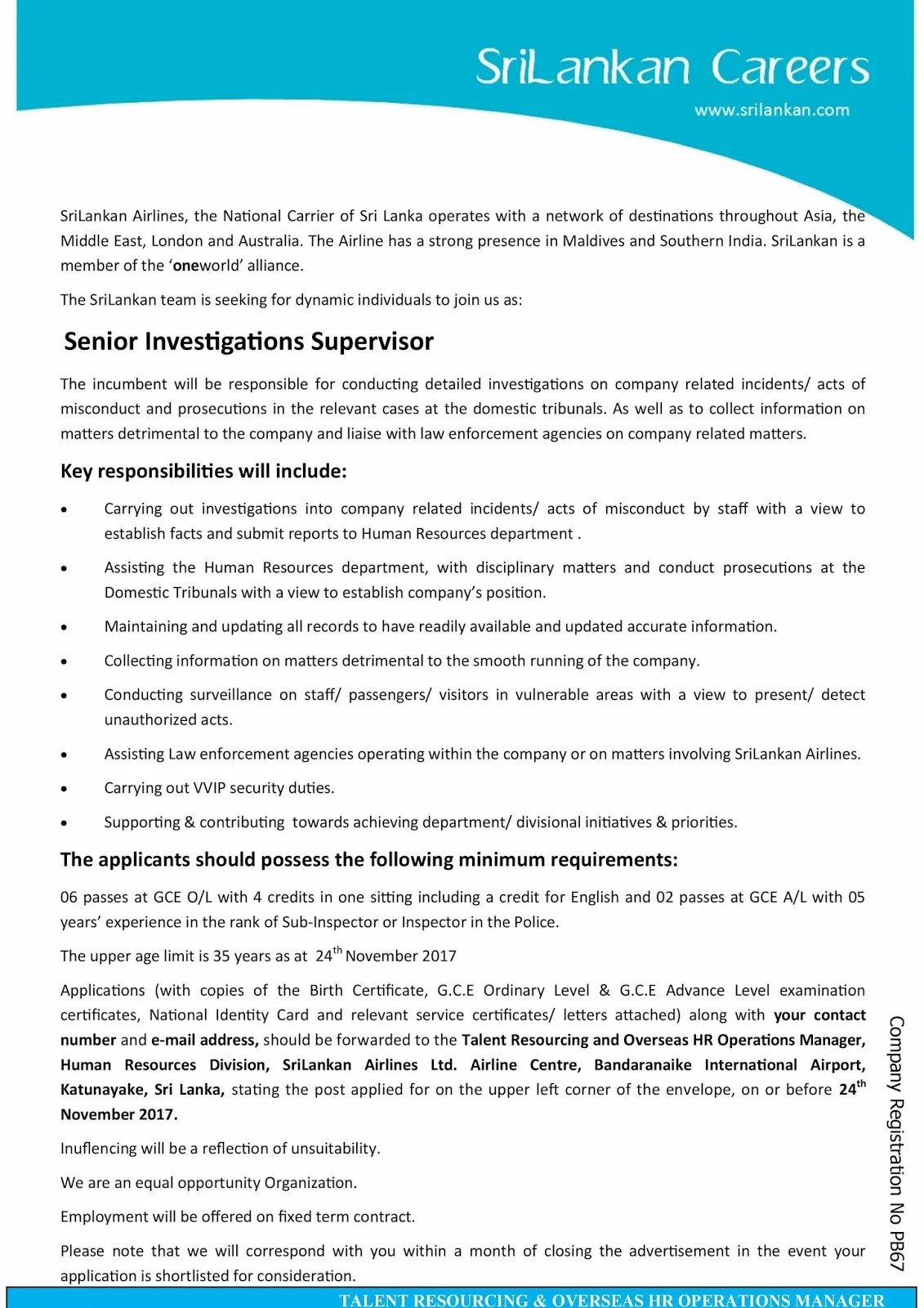 Senior Investigation Supervisor Vacancy in SriLankan Airlines