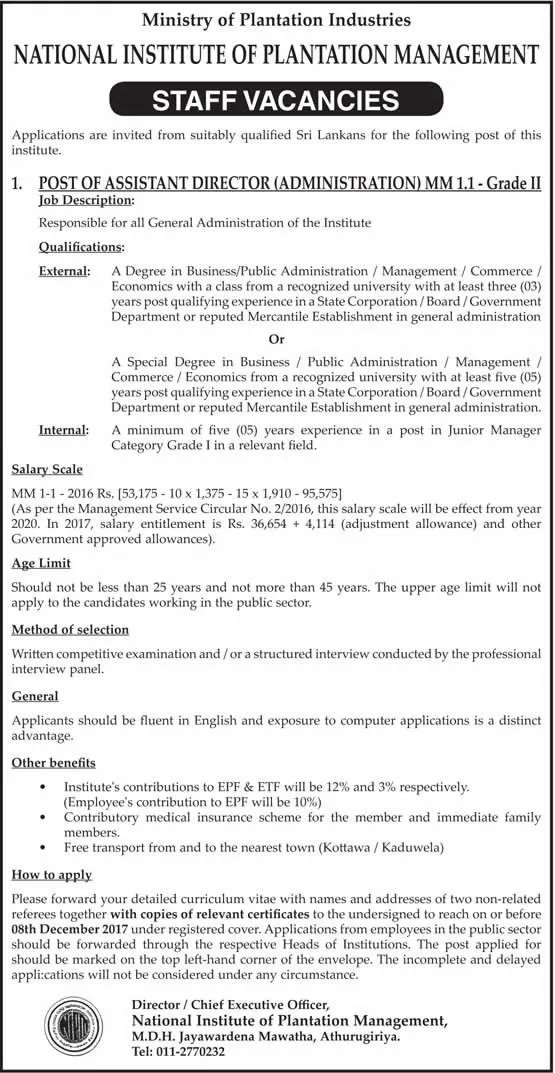 Assistant Director (Administration) Vacancy in NIPM