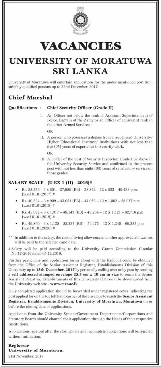 Chief Security Officer Vacancy at University of Moratuwa