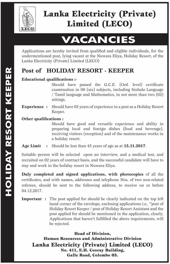Holiday Resort Keeper Vacancy at Lanka Electricity (Private) Limited