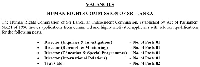Director / Translator Vacancy at Human Rights Commission of Sri Lanka