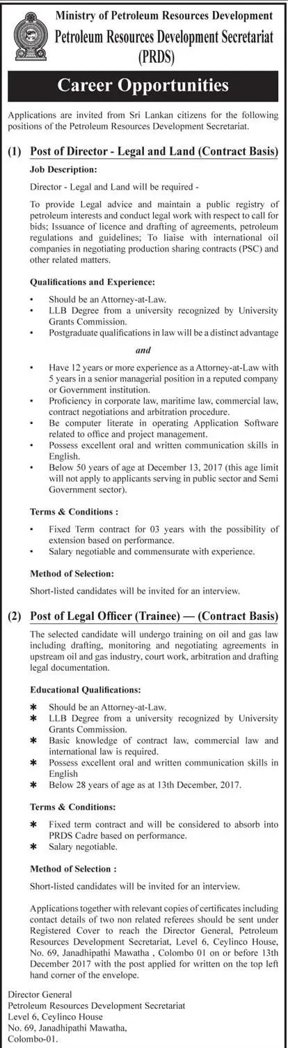 Director / Legal Officer Vacancies at Petroleum Resources Development Secretariat