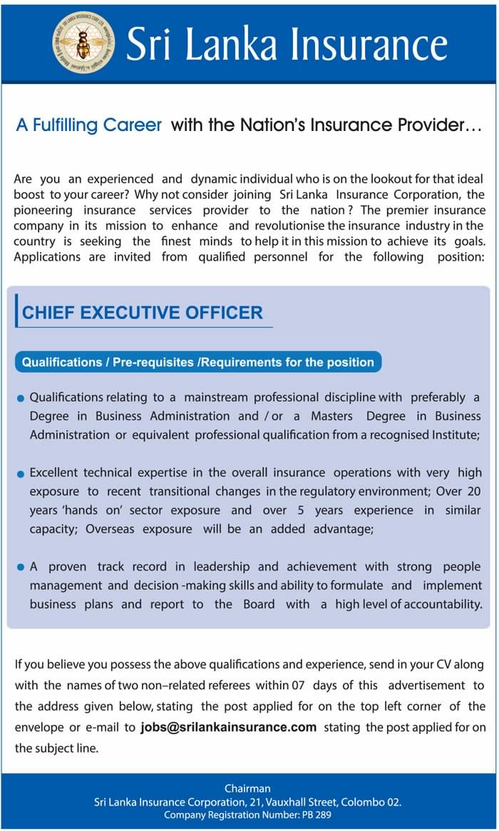Chief Executive Officer Vacancy at Sri Lanka Insurance