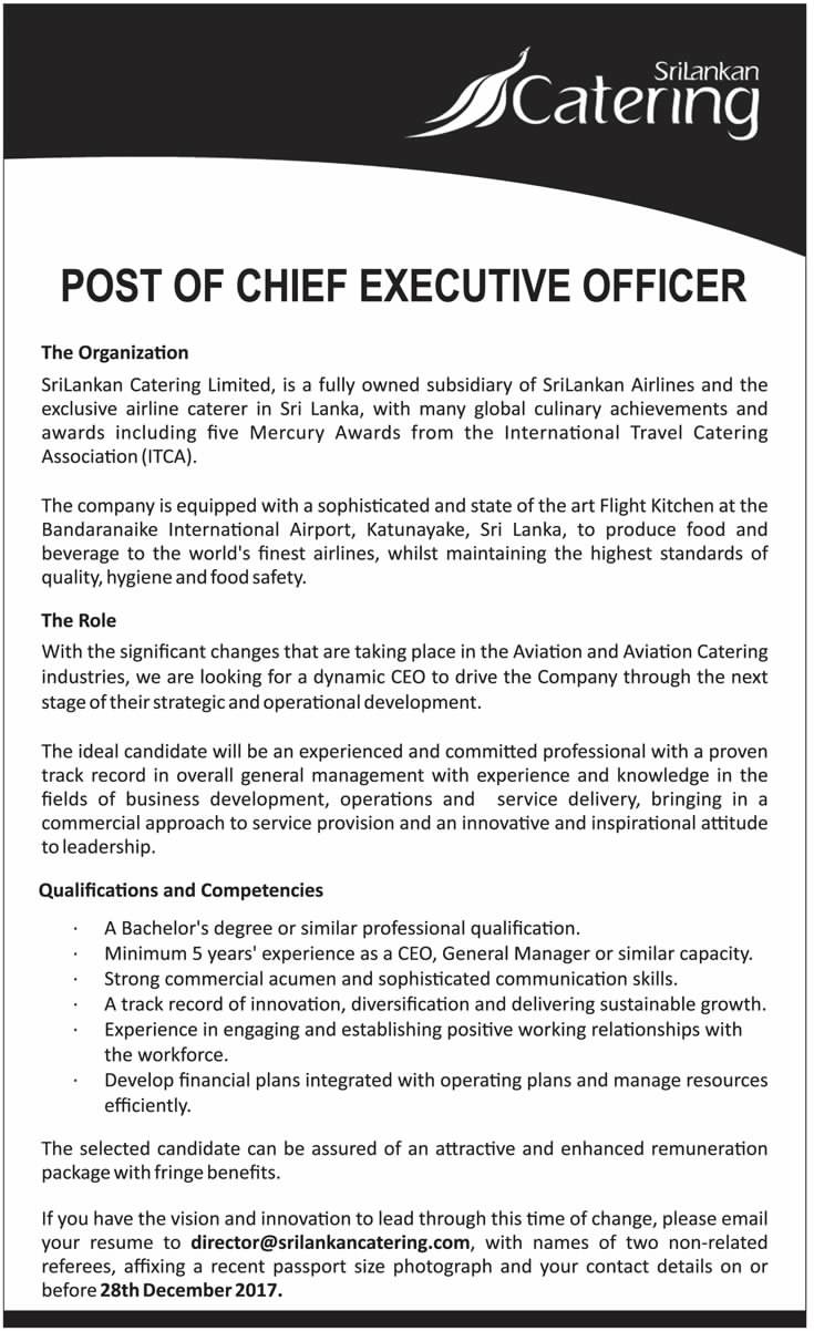 Chief Executive Officer Vacancy at SriLankan Catering