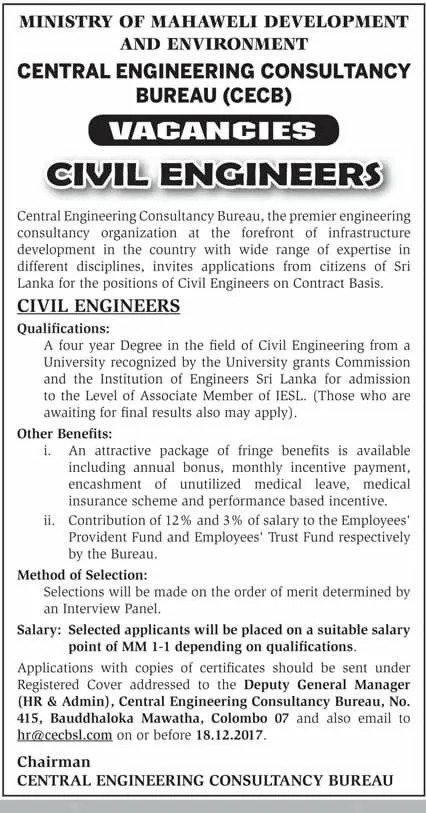 Civil Engineers Vacancy at Central Engineering Consultancy Bureau