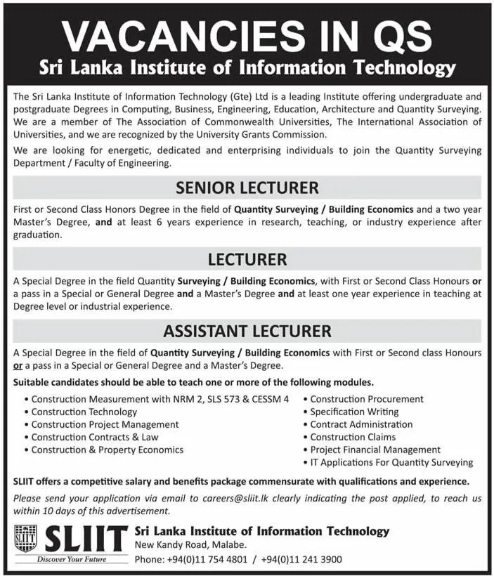 Senior Lecturer / Lecturer / Assistant Lecturer - Sri Lanka Institute of Information Technology