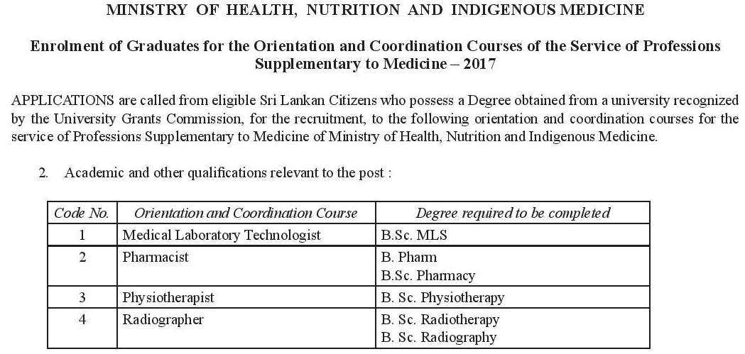 Medical Laboratory Technologist / Pharmacist - Ministry of Health Nutrition & Indigenous Medicine