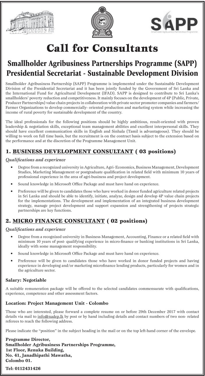 Business Development Consultant / Micro Finance Consultant - Presidential Secretariat