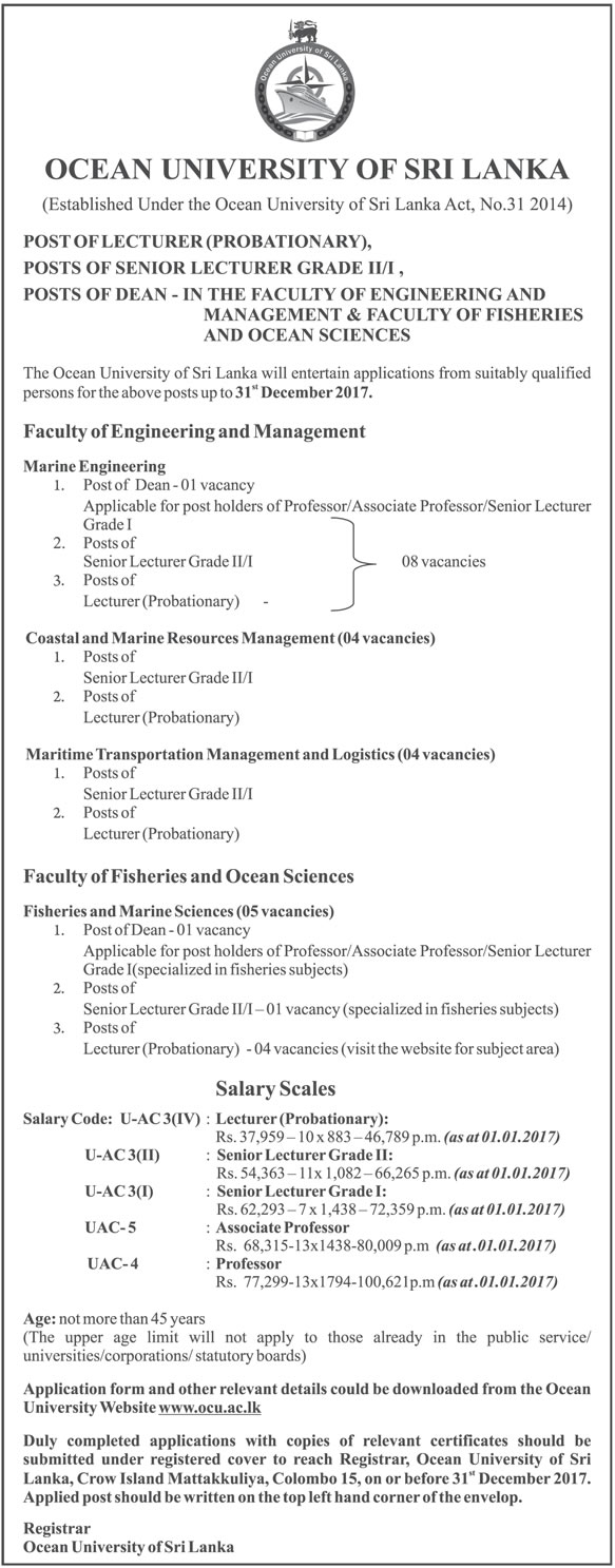 Vacancies at Ocean University of Sri Lanka