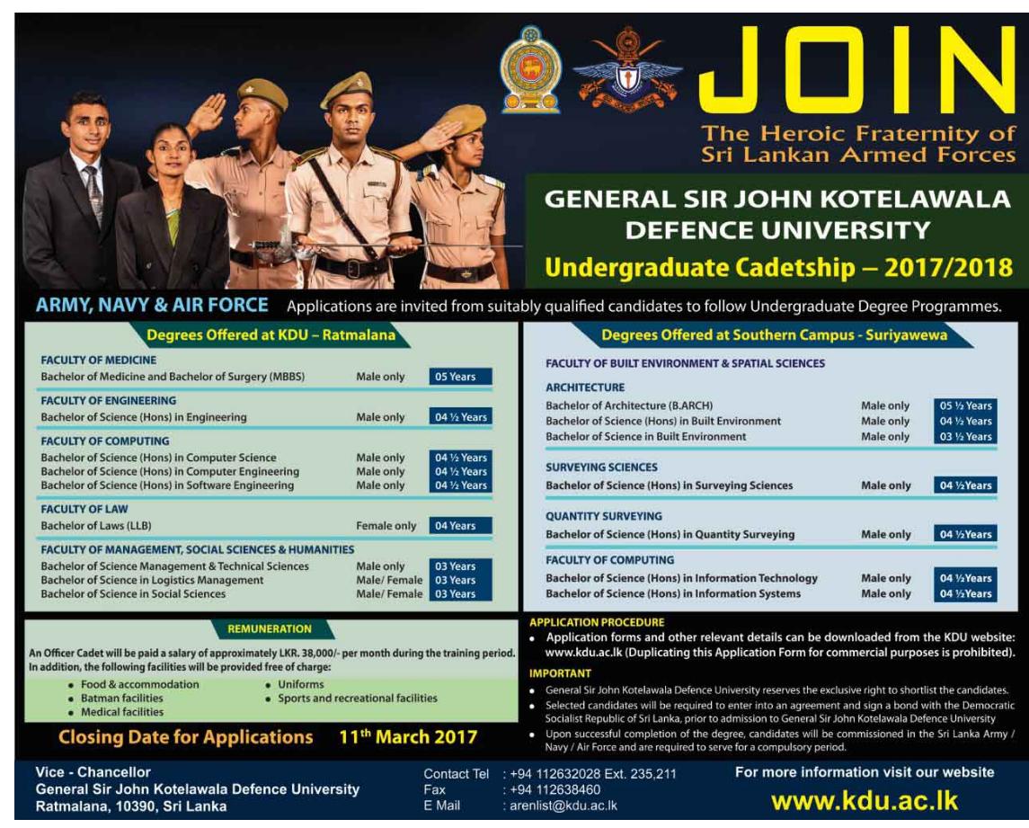 Undergraduate Cadetship Vacancy in Kotelawala Defence University