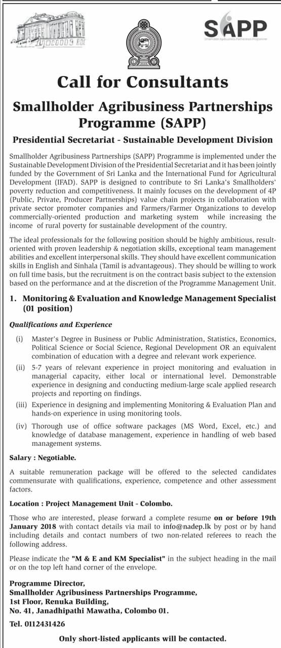 Monitoring & Evaluation and Knowledge Management Specialist - Presidential Secretariat