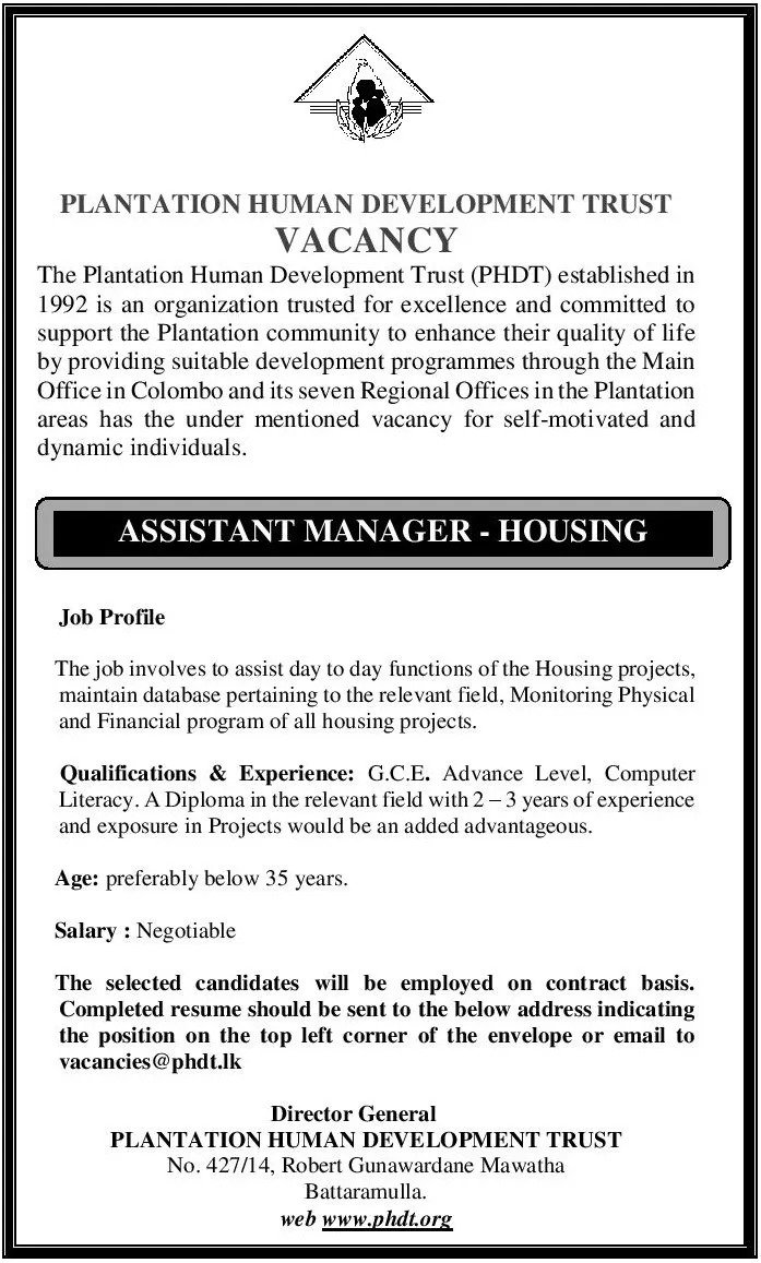 Assistant Manager(Housing) - Plantation Human Development Trust