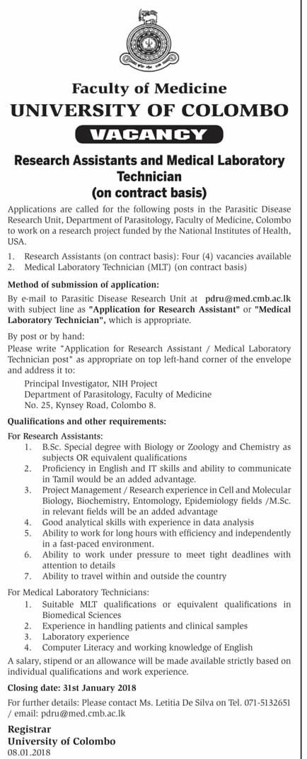 Research Assistant / Medical Laboratory Technician - University of Colombo