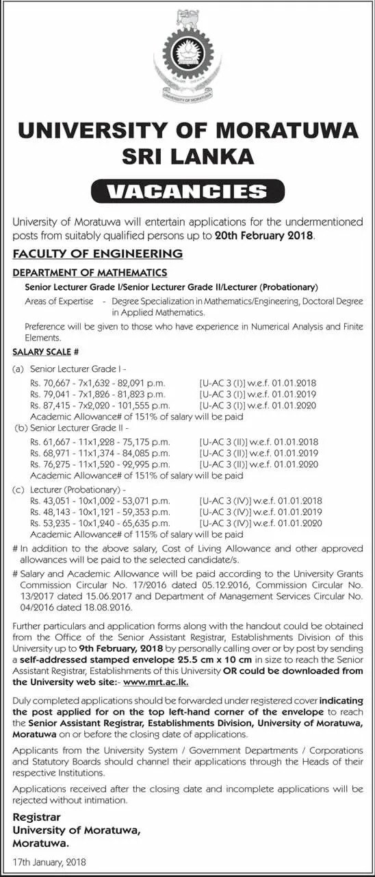 Senior Lecturer / Lecturer - Faculty of Engineering - University of Moratuwa