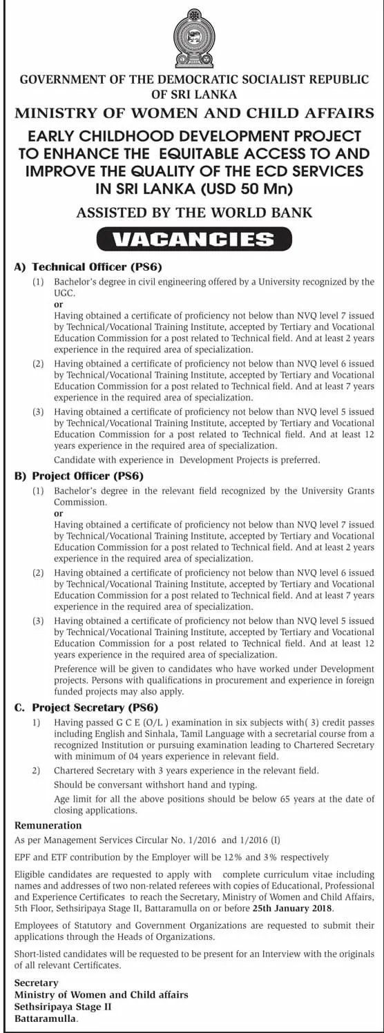 Technical Officer / Project Officer / Project Secretary - Ministry of Women & Child Affairs