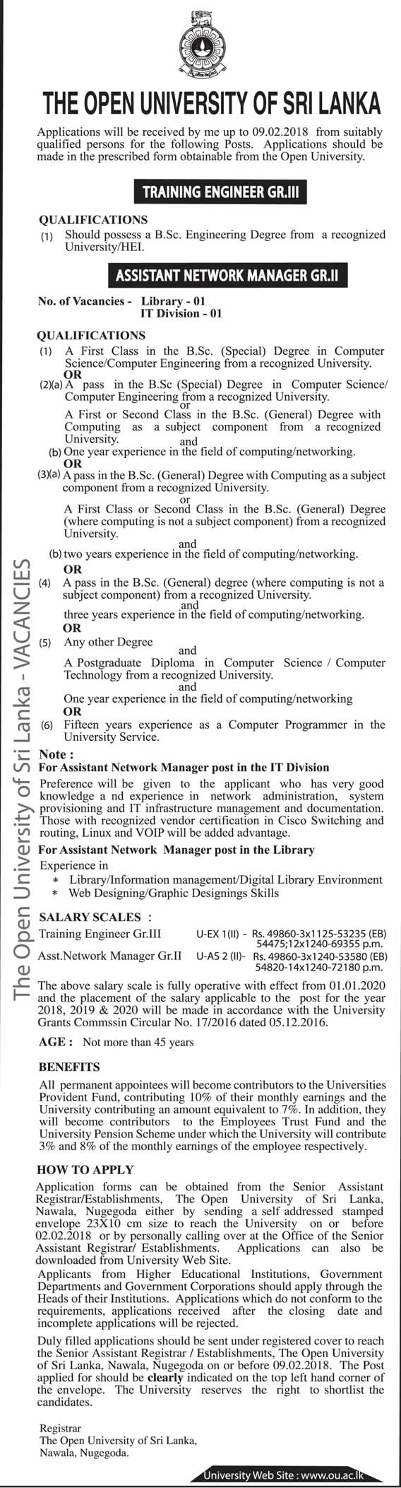 Training Engineer / Assistant Network Manager - Open University of Sri Lanka