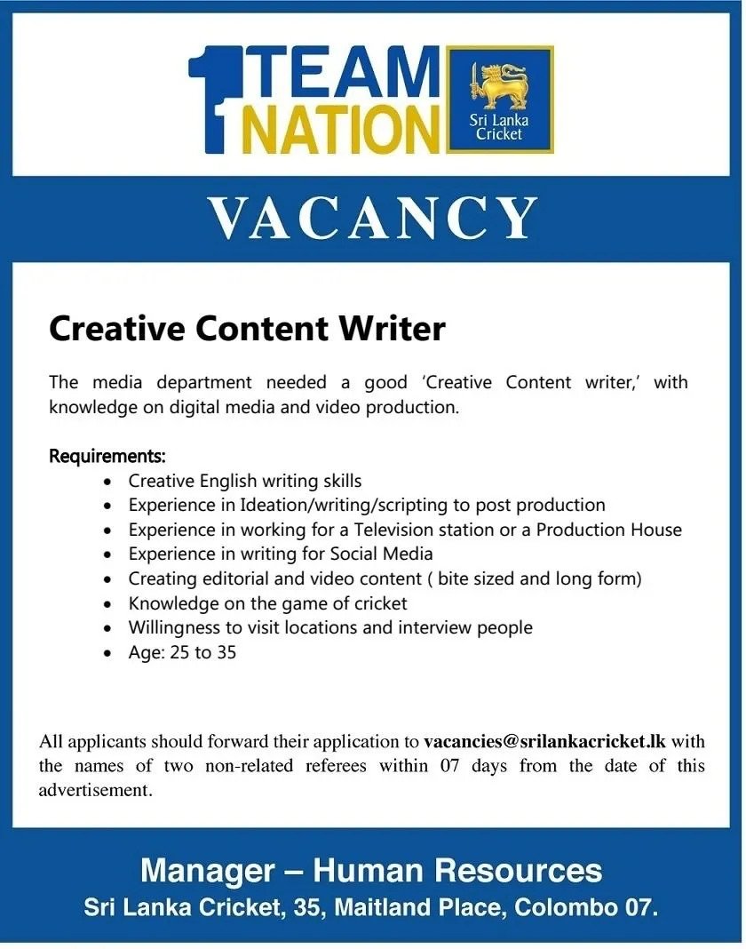 Creative Content Writer Vacancy in SL Cricket