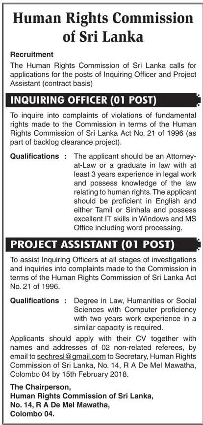 Inquiring Officer / Project Assistant - Human Rights Commission