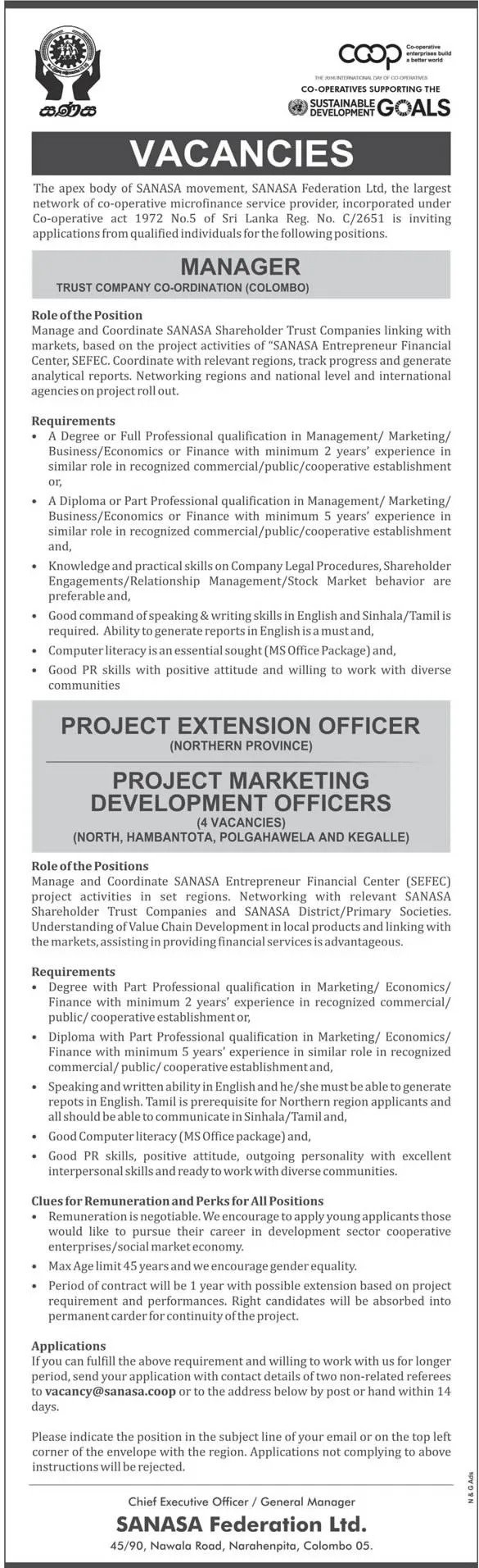 Manager / Project Extension Officer / Project Marketing Development Officer - SANASA