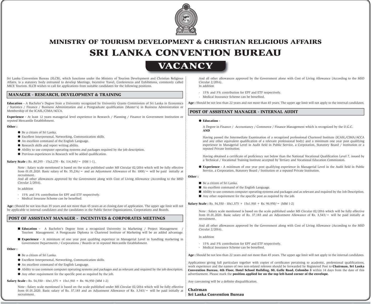 Sri Lanka Convention Bureau Manager Vacancies Application