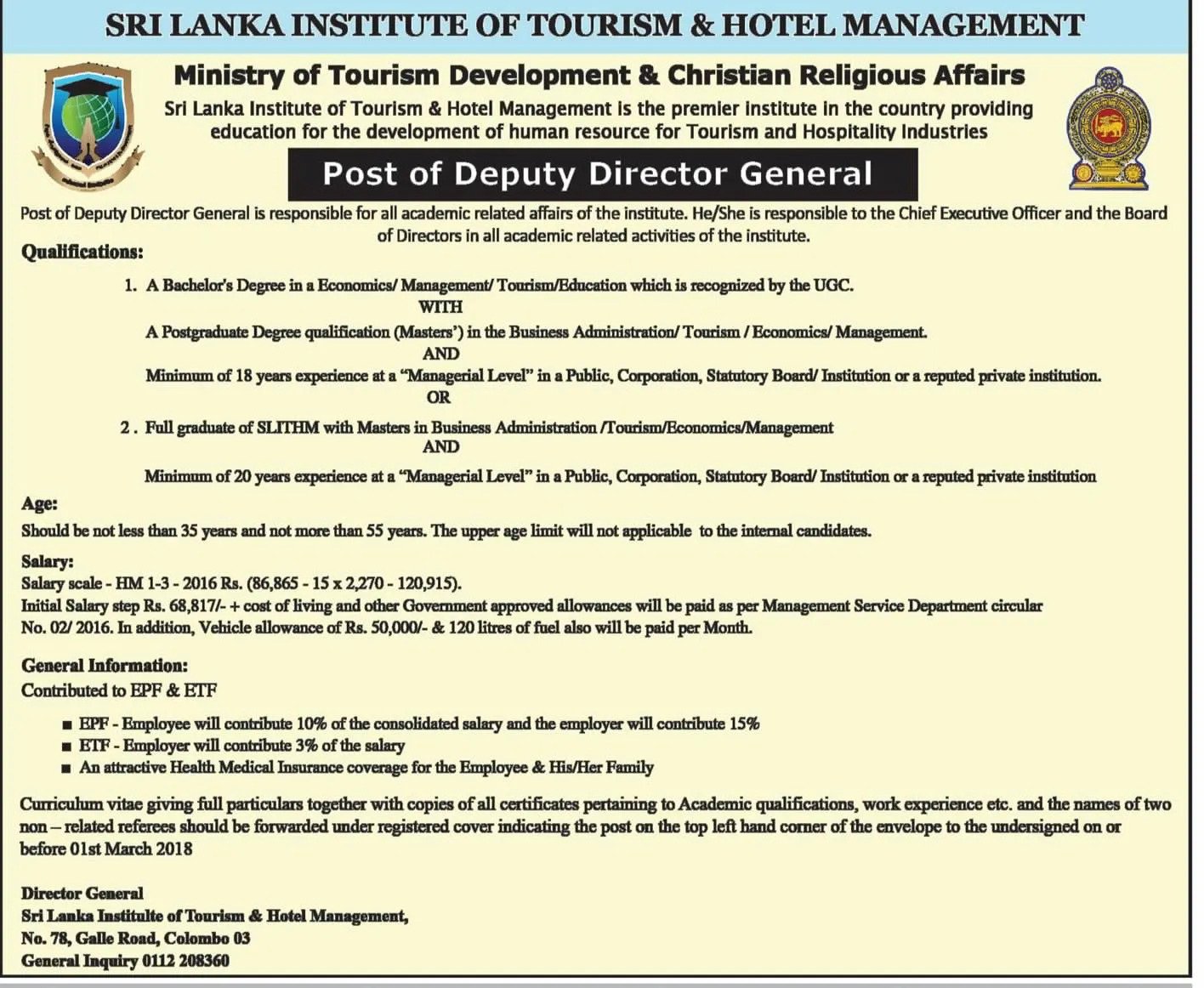 Deputy Director General - Sri Lanka Institute of Tourism