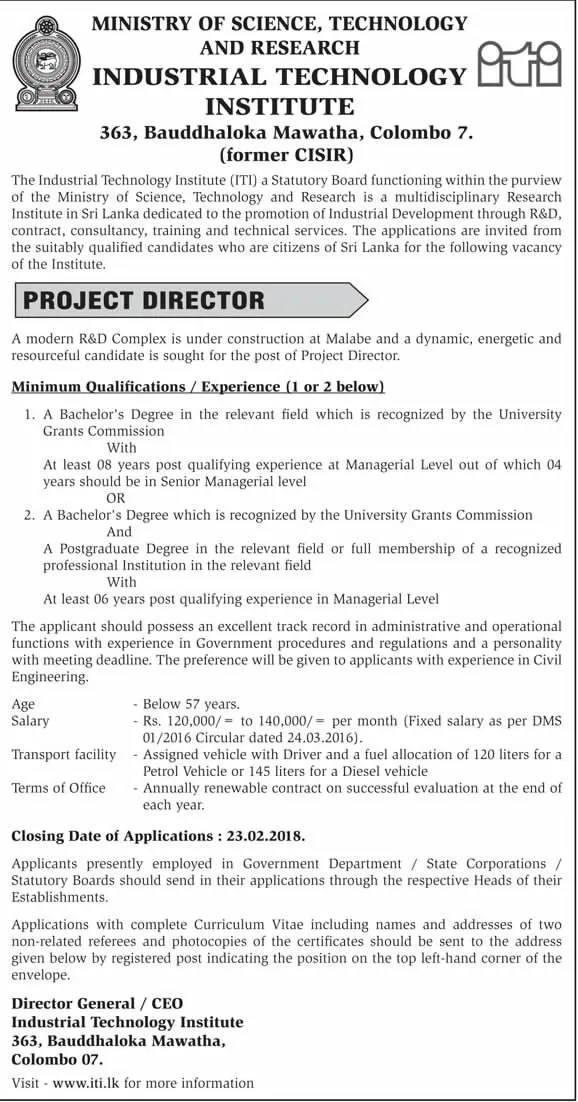Project Director Vacancy at Industrial Technology Institute