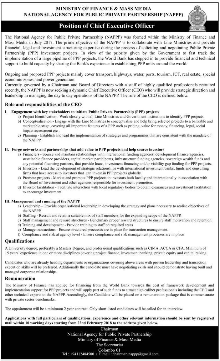 Chief Executive Officer Vacancy at Ministry of Finance & Mass Media