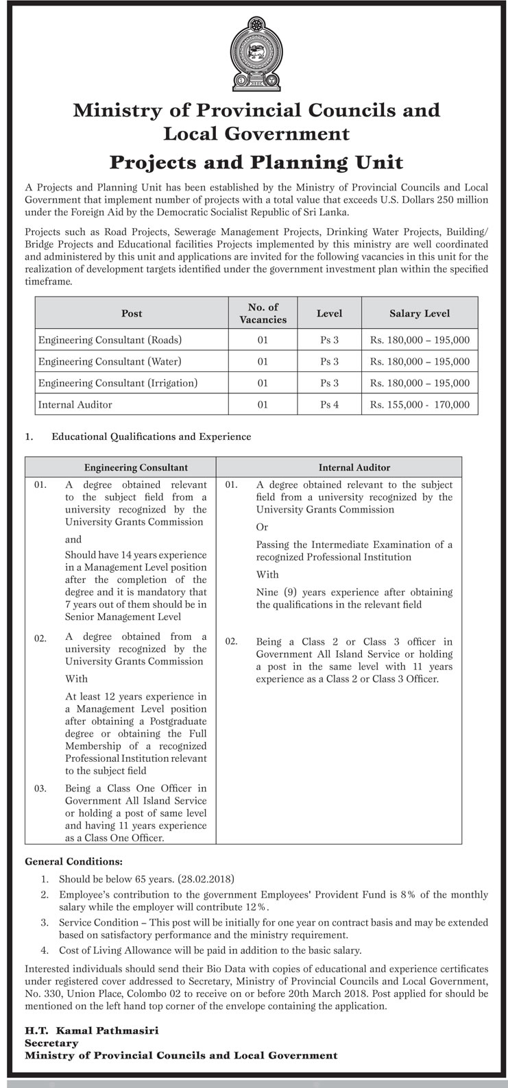 Engineering Consultant / Internal Auditor - Ministry of Provincial Councils & Local Government