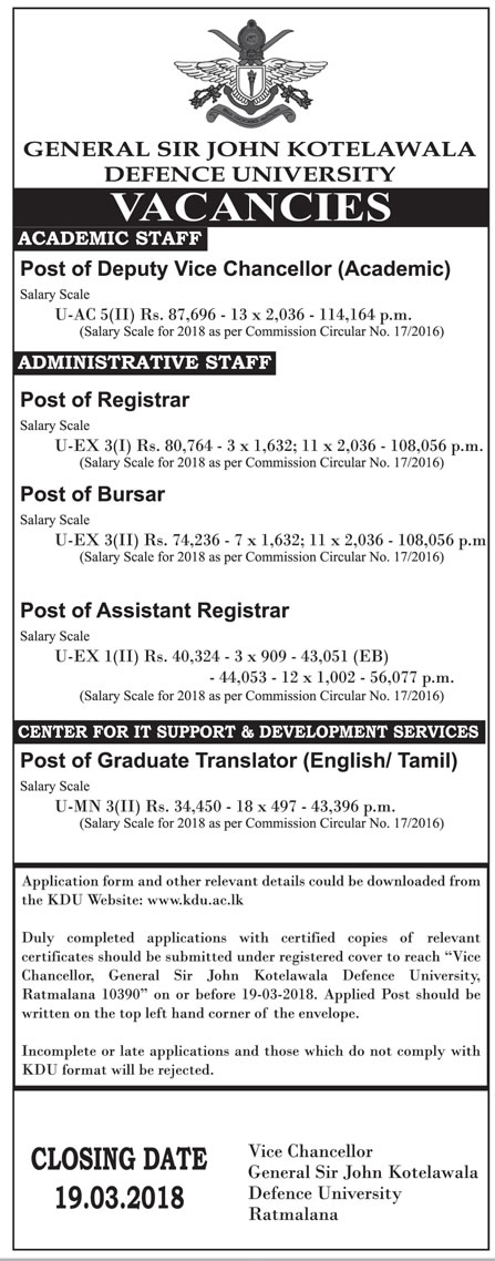 Registrar / Bursar / Assistant Registrar / Graduate Translator - Kotelawala Defence University