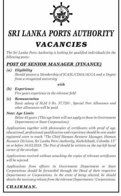 Senior Manager (Finance) / Assistant Manager - Sri Lanka Ports Authority