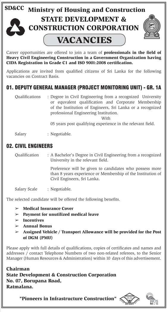 Deputy General Manager, Civil Engineers – State Development and Construction Corporation