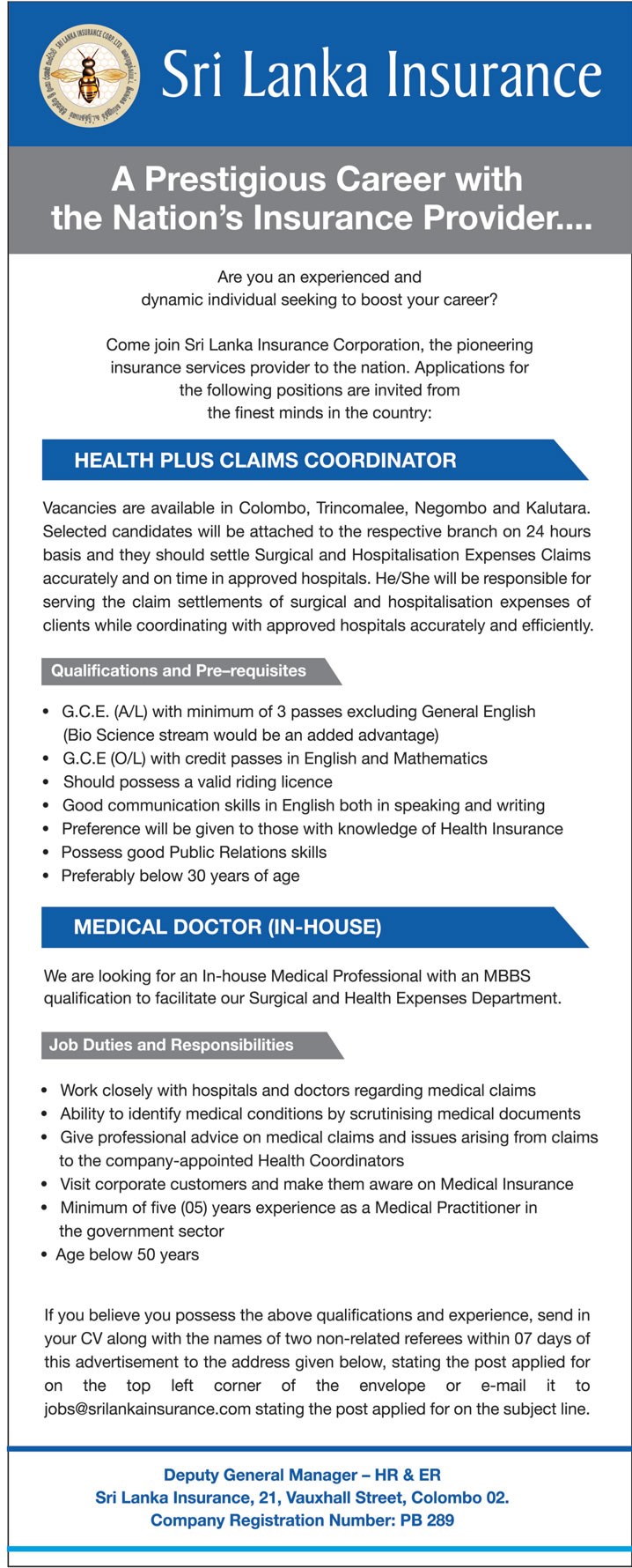 Health Plus Claims Coordinator / Medical Doctor / Bancassurance Sales Officer - Sri Lanka Insurance