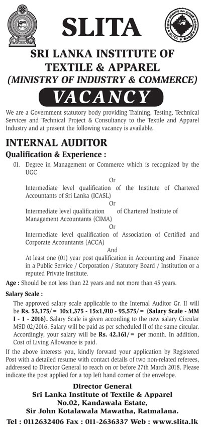 Internal Auditor - Sri Lanka Institute of Textile & Apparel