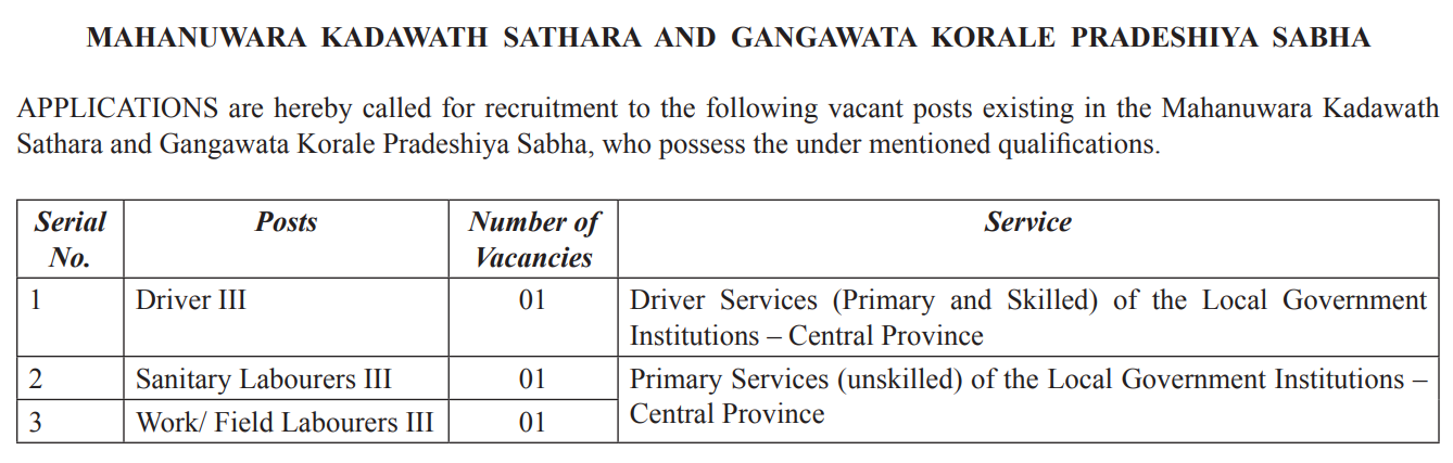 Driver, Sanitary Labourer, Work/ Field Labourer – Mahanuwara Kadawath Sathara & Gangawata Korale Pradeshiya Sabha