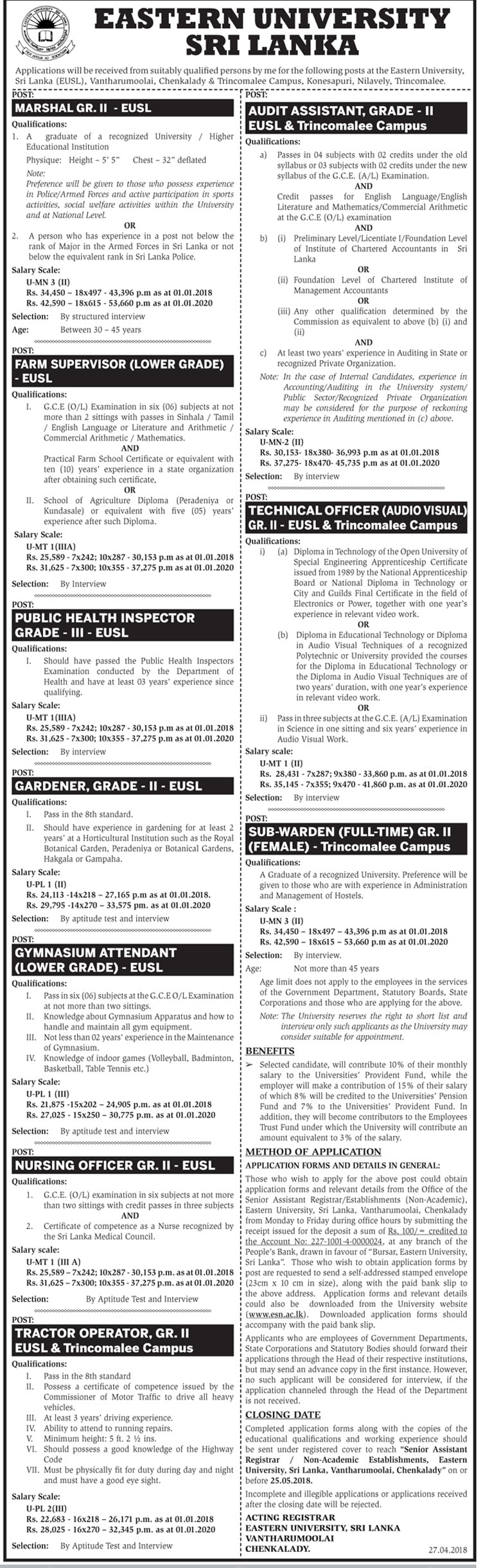 Audit Assistant / Technical Officer / Sub Warden - Eastern University