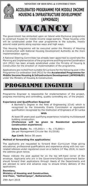 Ministry of Housing & Construction Programme Engineer Jobs Vacancies Application