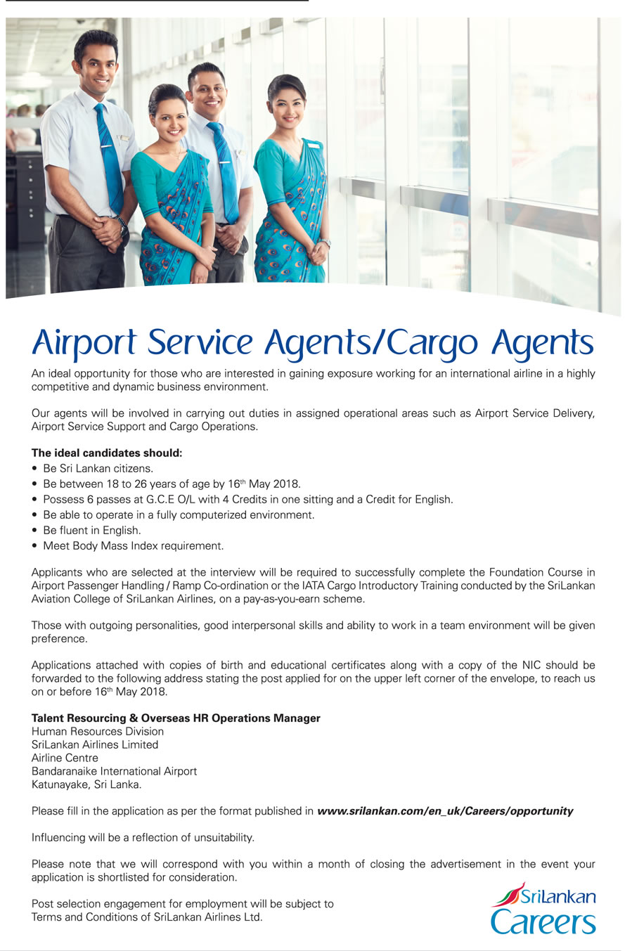 Airport Service Agent & Cargo Agent Vacancies at SriLankan Airlines