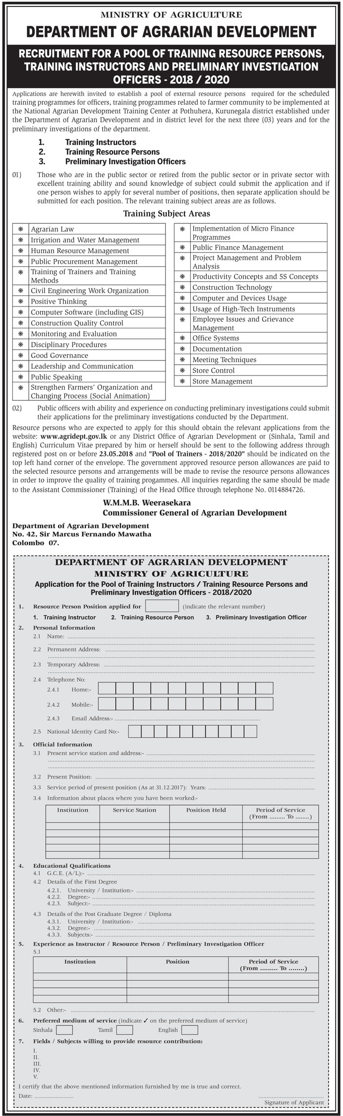 Training Instructor, Training Resource Person, Preliminary Investigation Officer – Department of Agrarian Development