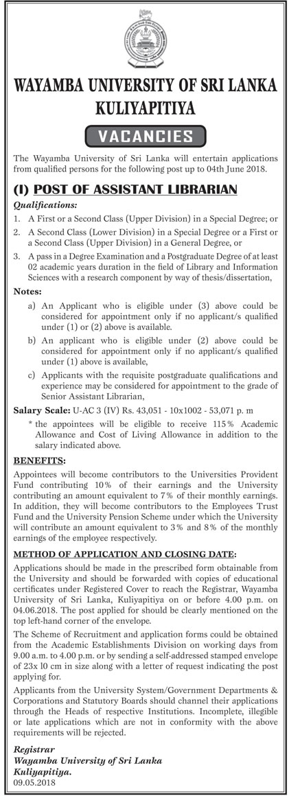 Assistant Librarian - Wayamba University