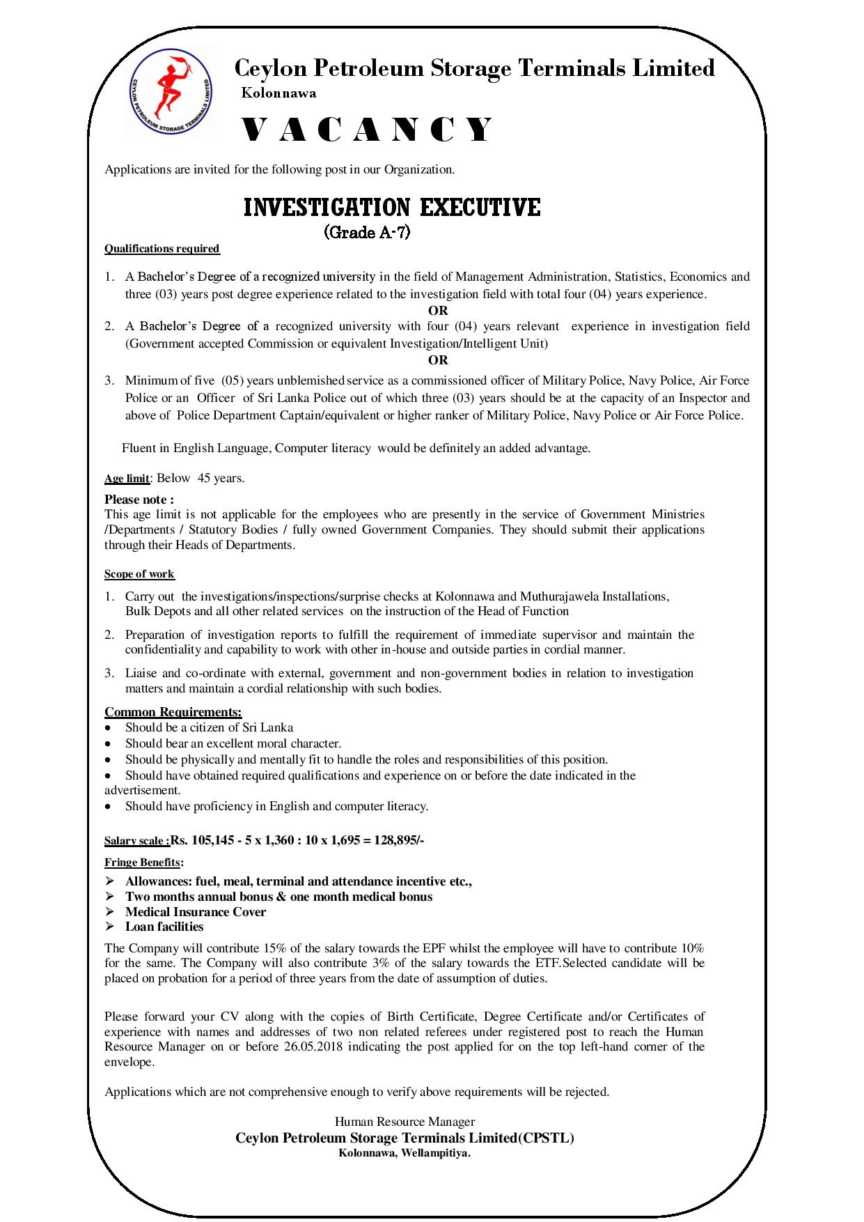 Investigation Executive - Ceylon Petroleum Storage Terminals Ltd