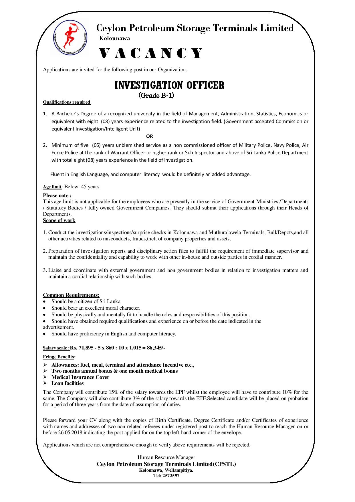 Investigation Officer - Ceylon Petroleum Storage Terminals